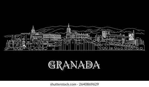 Granada Skyline with Spain, Landmark, and Line Art.