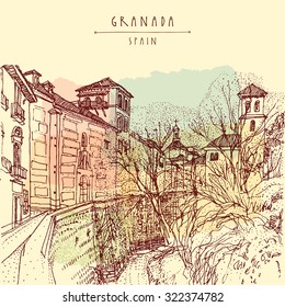 Granada Spain hand drawn vintage postcard in vector