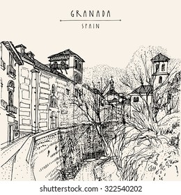 Granada Spain hand drawn vintage black and white postcard template. Vector