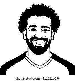 Granada / Spain - June 19, 2018: Egiptian Footballer Egypt Mohamed Salah Ghaly. Vector Portrait Illustration