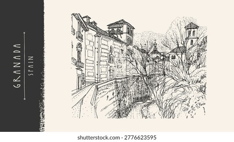 Granada Spain sketch postcard. Alhambra palace, Darro river, Albaicin street, arches, bridge, stone walls. Andalusian architecture landscape. Vintage hand drawn vector cityscape view travel poster bg