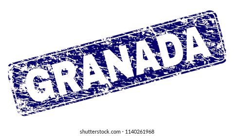 GRANADA stamp seal print with grunge texture. Seal shape is a rounded rectangle with frame. Blue vector rubber print of GRANADA title with unclean texture.