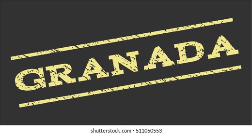 Granada watermark stamp. Text caption between parallel lines with grunge design style. Rubber seal stamp with unclean texture. Vector khaki yellow color ink imprint on a gray background.