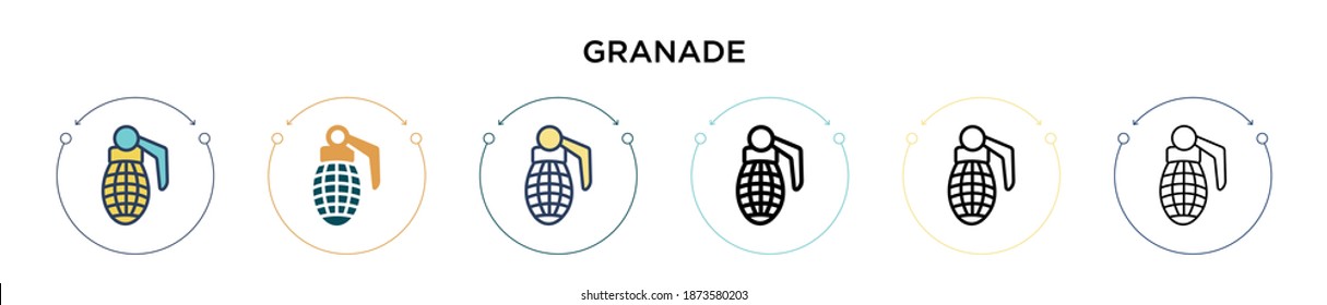 Icono de granada en estilo relleno, delgado, contorno y trazo. Ilustración vectorial de dos iconos vectoriales de granadas de color y negro se puede utilizar para móviles, ui, web