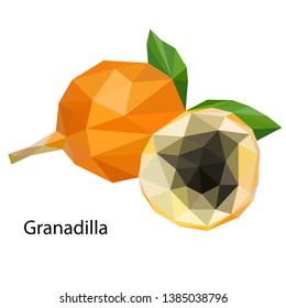 Granadilla in section. Vector illustration of a ripe granadilla fruit in a low poly style. Tropical, exotic fruit. Vitamin, food, ingredient. Can be used in packaging design