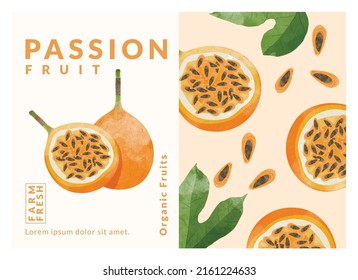 Granadilla or yellow Passion fruit packaging design templates, watercolour style vector illustration.	
