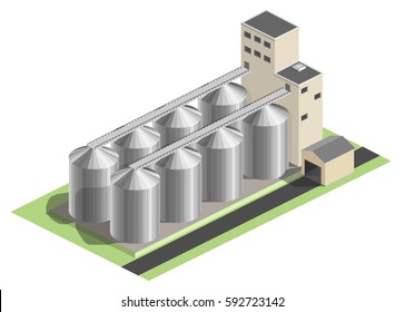 Granary vector illustration, granary for grain. Industrial building, factory