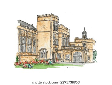 Grand Abbey wedding venue, brick, stone, stately home, windows, deck chairs. Watercolour sketch illustration. Isolated vector.