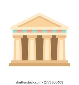 A grand ancient temple illustration featuring a colorful geometric frieze above the columns. Clean flat design in soft brown and teal pastel colors.