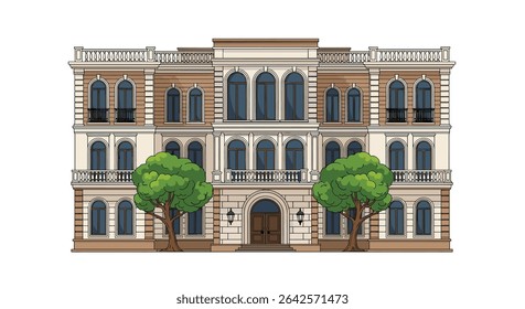 The Grand Architectural Marvel A Three Story Building With Intricate Details And Lush Trees