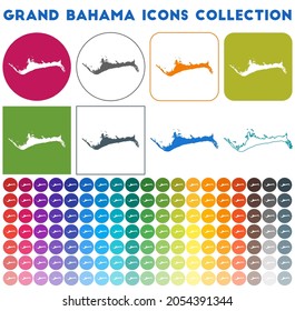 Grand Bahama icons collection. Bright colorful trendy map icons. Modern Grand Bahama badge with island map. Vector illustration.