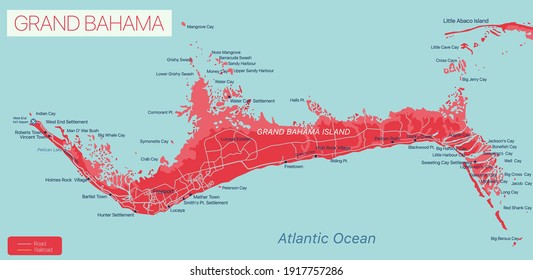 Grand Bahama island detailed editable map, vector EPS-10 file