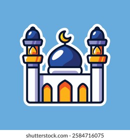 A grand blue and gold mosque featuring crescent moons and domes, symbolizing spirituality and devotion. Perfect for Ramadan and Eid-themed projects, greeting cards, and decorations.