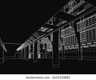A grand building with towering pillars and symmetrical windows stands in stark contrast against a dark background. The black and white drawing highlights intricate architectural details and classical.