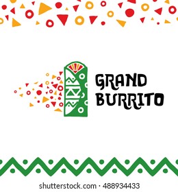 Grand Burrito Logo design template. Vector mexican traditional food illustration in flat style. Trendy colorful label, logotype, sign for a cafe, restaurant, fast food, snack bar