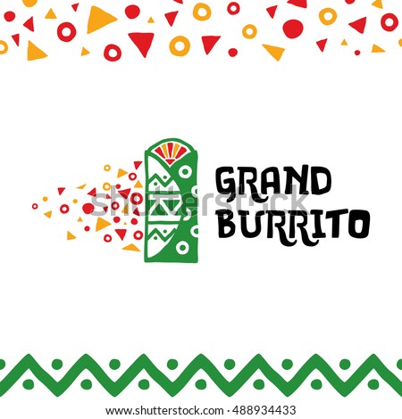 Grand Burrito Logo design template. Vector mexican traditional food illustration in flat style. Trendy colorful label, logotype, sign for a cafe, restaurant, fast food, snack bar