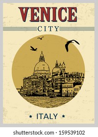 Grand Canal and Basilica Santa Maria della Salute, Venice, Italy  in vintage style poster, vector illustration