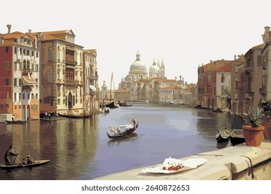 Grand Canal border Venice scene illustration by P. C. Skovgaard, isolated on white, vector. 