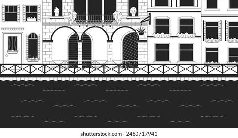 Grand canal in Venice Italy black and white line illustration. Waterfront homes. Italian river 2D landmark monochrome background. Europe touristic sight. Travel destination outline scene vector image
