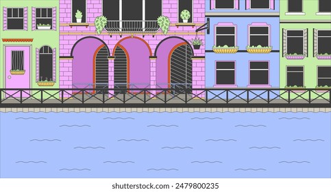 Grand canal in Venice Italy cartoon flat illustration. Waterfront homes. Italian river 2D line landmark colorful background. Europe touristic sight. Travel destination scene vector storytelling image