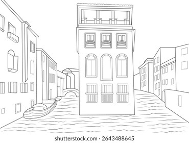 Grand Canal Venice Line Drawing, Black and white line drawing illustration of the Grand Canal in Venice, Italy. Features traditional Venetian architecture, a bridge, and a boat on the water. Clean