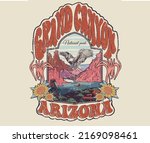 Grand canyon adventure t-shirt design. Wild lake vector graphic print design for apparel, stickers, posters, background and others. Eagle fly vintage artwork.
