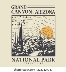 Grand Canyon, arizona national park, Arizona desert dreams with light blast vector graphic print artwork for apparel, stickers, background and others. Desert night view retro vintage