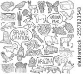 Grand Canyon Doodle Icons Black and White Line Art. National Park Clipart Hand Drawn Symbol Design.	