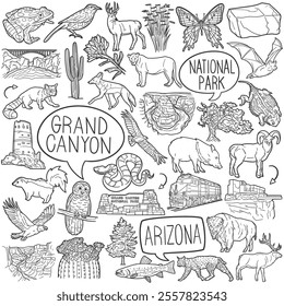 Grand Canyon Doodle Icons Black and White Line Art. National Park Clipart Hand Drawn Symbol Design.	