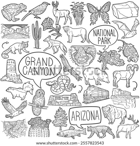 Grand Canyon Doodle Icons Black and White Line Art. National Park Clipart Hand Drawn Symbol Design.	