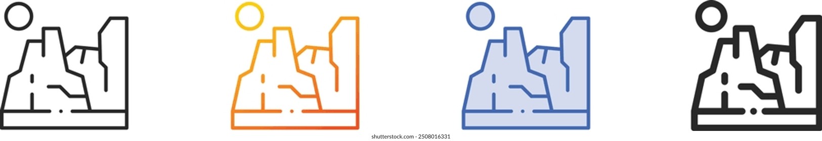 großes Canyon-Symbol.Dünn linear, Farbverlauf, blauer Strich und kräftiges Style-Design einzeln auf weißem Hintergrund