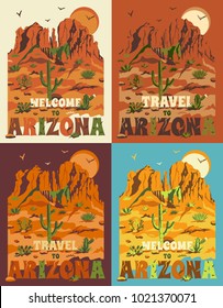 Grand Canyon landscape with mountains, rocks, stones, cactuses and sun. United States, Arizona. Set of t-shirt prints, travel posters or banners with slogan in flat retro style. Vector