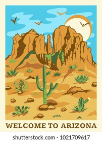 Grand Canyon landscape with mountains, rocks, stones, sun, clouds and cactuses. Arizona state illustration for travel poster in retro style. Vector