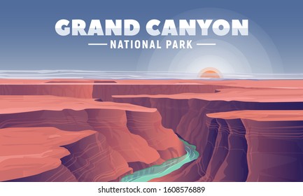 Grand Canyon landscape and view on Colorado river. Vector illustration for web and banner. Most famous United States natural landmarks. Arizona National Park.