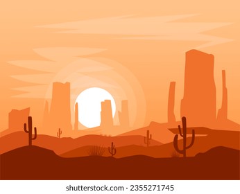 Grand Canyon National Park Background, Wild West Desert Landscape Silhouette with Mountains, Cactus, Sun and Cloud Vector Illustration