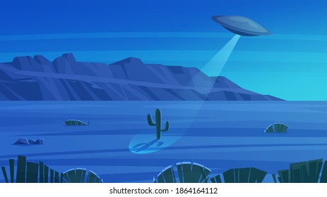 Grand Canyon National Park night landscape. Vector background with UFO. Flying saucer over the desert. 