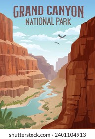 Grand Canyon national park poster with canyon walls and Colorado river. Vector illustration.

