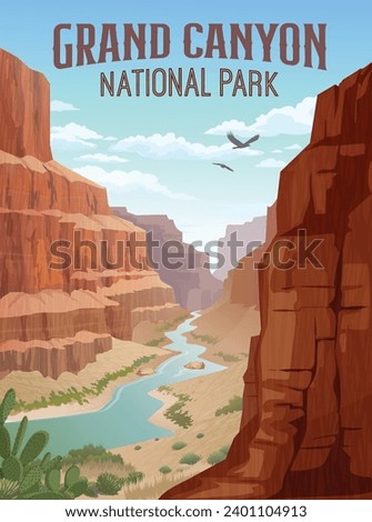 Grand Canyon national park poster with canyon walls and Colorado river. Vector illustration.

