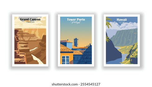 Grand Canyon, National Park, Tower Porto, Portugal, Hawaii USA. Hand drawn, Vector illutration. Vintrage travel poster. Wall Art and Print Set for Hikers, Campers, and Stylish Living Room Decor.