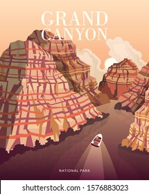 Grand Canyon panorama. Vector illustration of Arizona. Hiking and boating