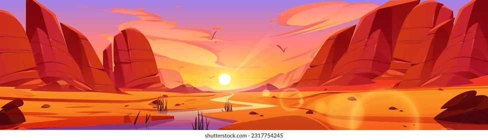 Grand canyon park desert at sunset cartoon vector illustration. Western mountain cliff and amazing sky background. Amazing utah or colorado ground terrain for unforgettable us wild travel adventure