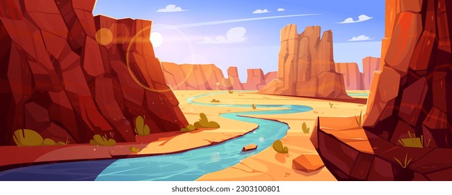 Gran cañón y río en el parque nacional vectorial de Arizona ilustración. Desierto con acantilado rocoso y valle montañoso para aventuras y viajes en EEUU. Vista panorámica inolvidable sobre el monumento estadounidense