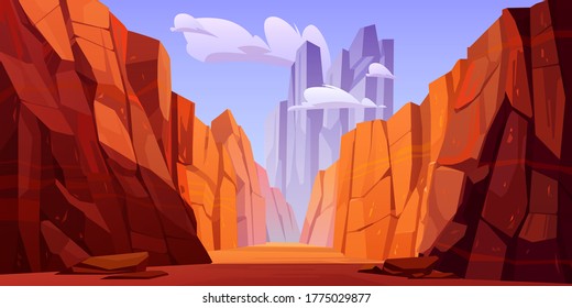 Grand Canyon with road on bottom, national park of Arizona Colorado state. Red sandstone mountains, horizon with sand rocks and sky, nature landscape background, Cartoon vector illustration