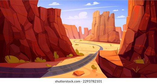 Grand canyon vector landscape illustration. Arizona national park desert with rock mountain and road traffic. Wild outdoor western gorge and unbelievable journey in US landmark with arid terrain