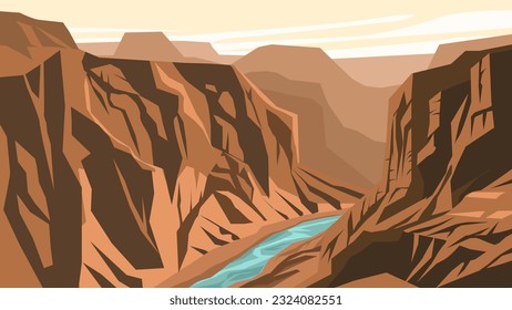 Grand canyon vector landscape illustration with river