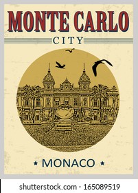 The grand casino in Monte Carlo , Monaco in vintage style poster, vector illustration