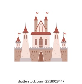 Gran castillo con cuatro torres prominentes, estructura central, techos cónicos rojos y banderas. Ideal para temas de fantasía, literatura infantil, representaciones históricas, cuentos de aventuras y mágicos