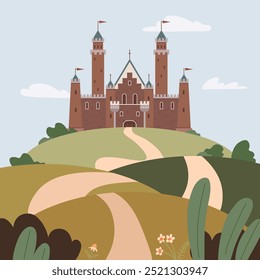 A grand castle with red walls atop lush hills under a blue sky. Winding paths lead to the castle. Ideal for fairy tales, medieval history, travel, adventure, and fantasy stories. Simple cheerful