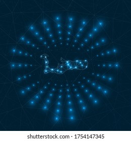 Grand Cayman digital map. Glowing rays radiating from the island. Network connections and telecommunication design. Vector illustration.