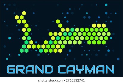 Grand Cayman hexagon dots map. Digital style shape of the island. Grand Cayman map and title. Large green colored hexagons, sparse blue dots at background. Vector Illustration.